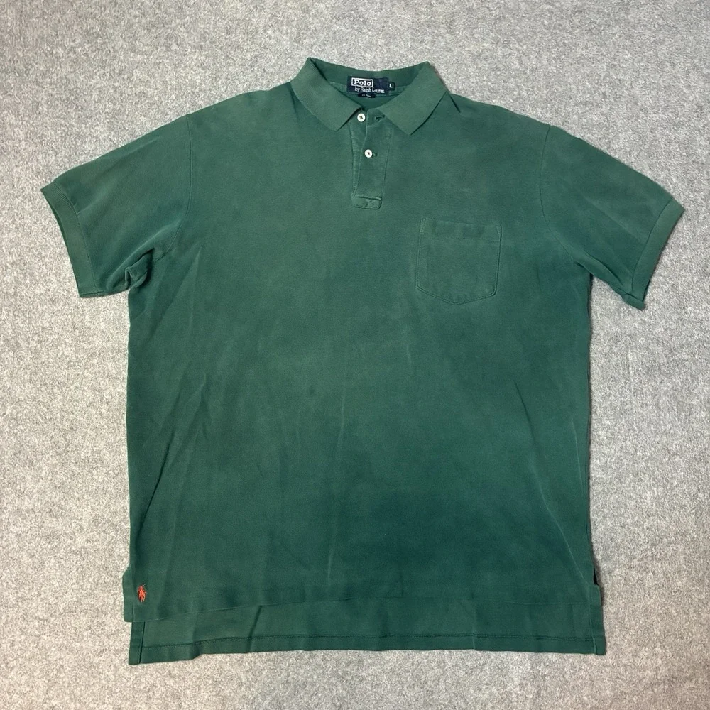 Vintage Polo Ralph Lauren Mens Green Polo Shirt Made in USA Size Large Pocket